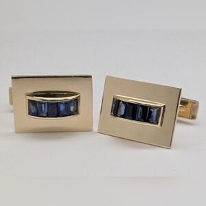 Vintage Solid 14k Yellow Gold Channel Set Natural Sapphire Baguette Cufflinks